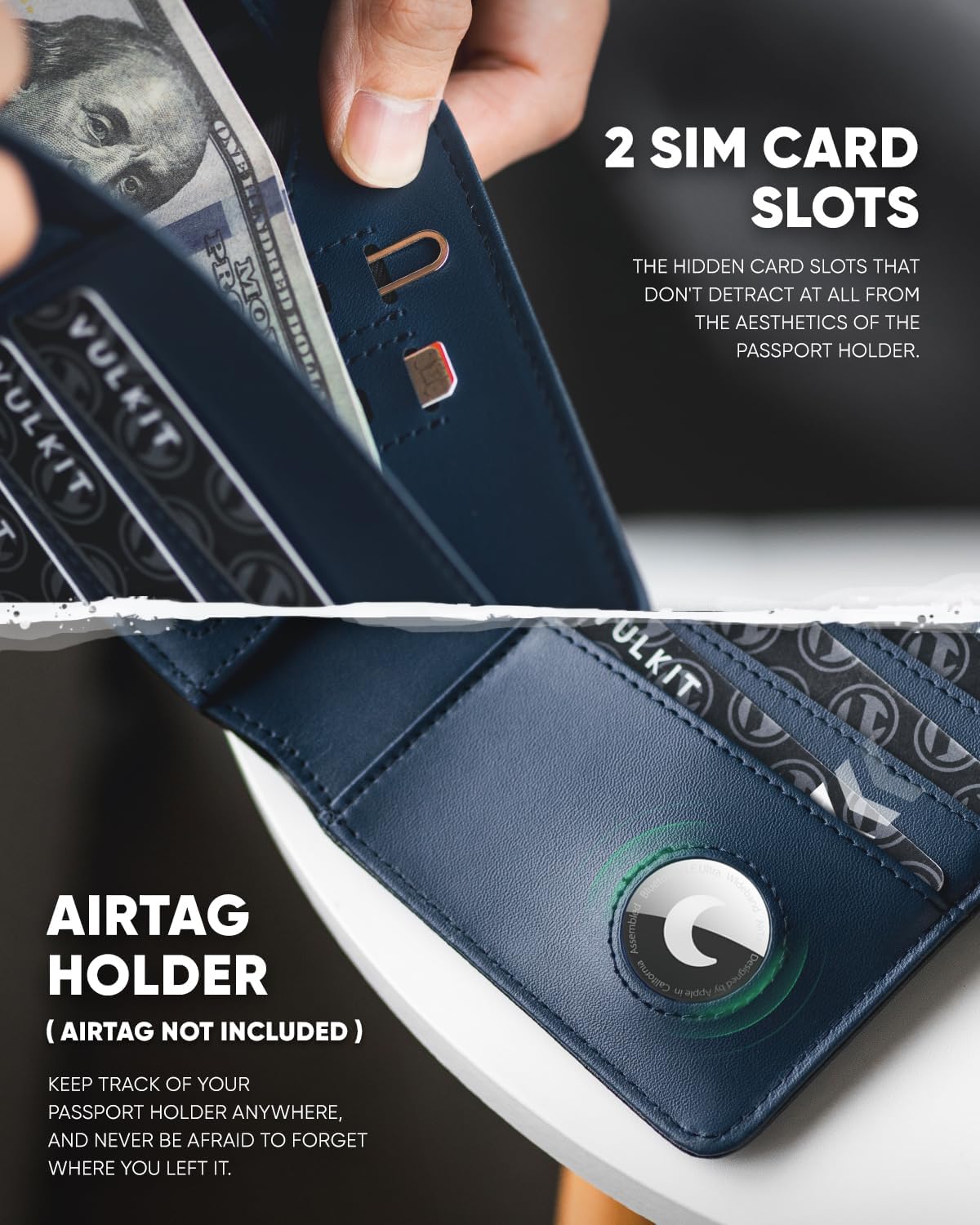 VULKIT Passport Holder with Airtag Holder RFID Blocking Passport Wallet Travel Leather Passport for Women(Black Navy)