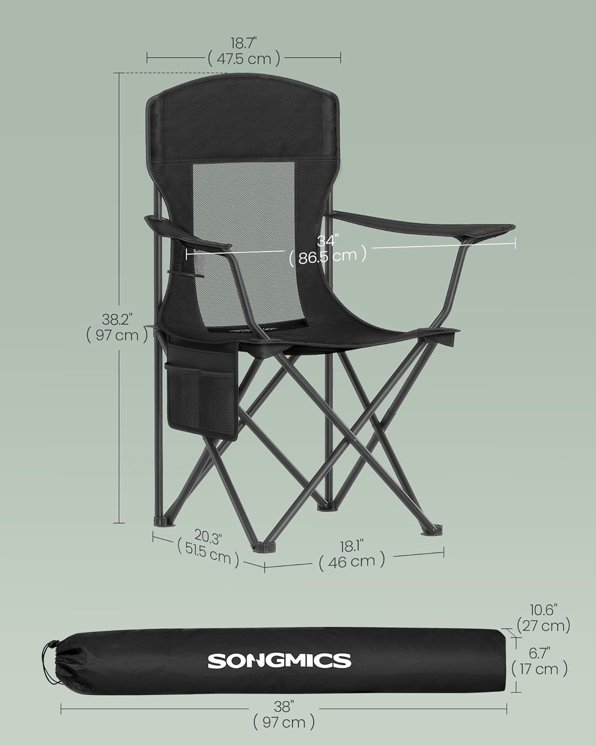 SONGMICS Breathable Camping Chairs, Foldable Outdoor Chairs Set of 2, High Back, Adjustable Armrests, Drink Holder, Weight Capacity 330 lb, for Sports Garden Backyard, Ink Black UGCB028B02