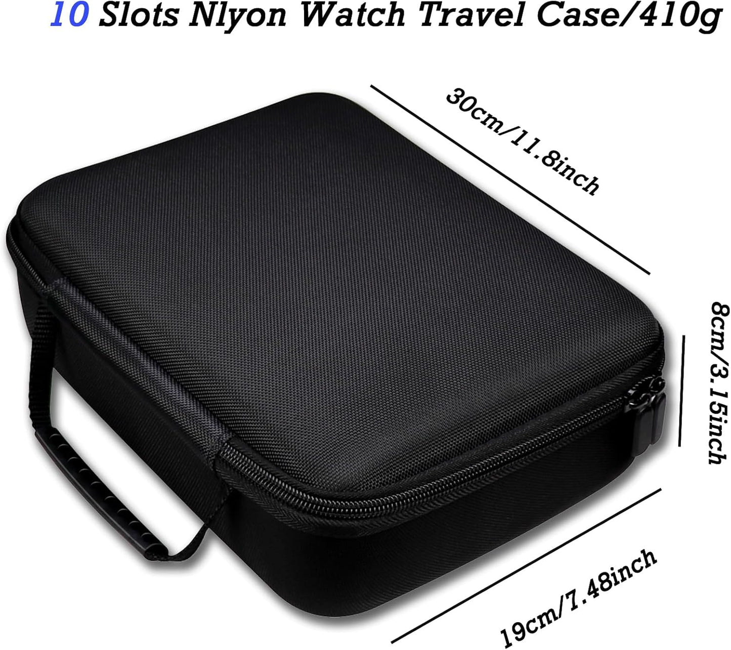 Juntan 10 Slots Hard Watch Travel Case, Portable Nylon Zipper Storage Organizer Box for Men Women with Soft Compressible Foam Pillow Black