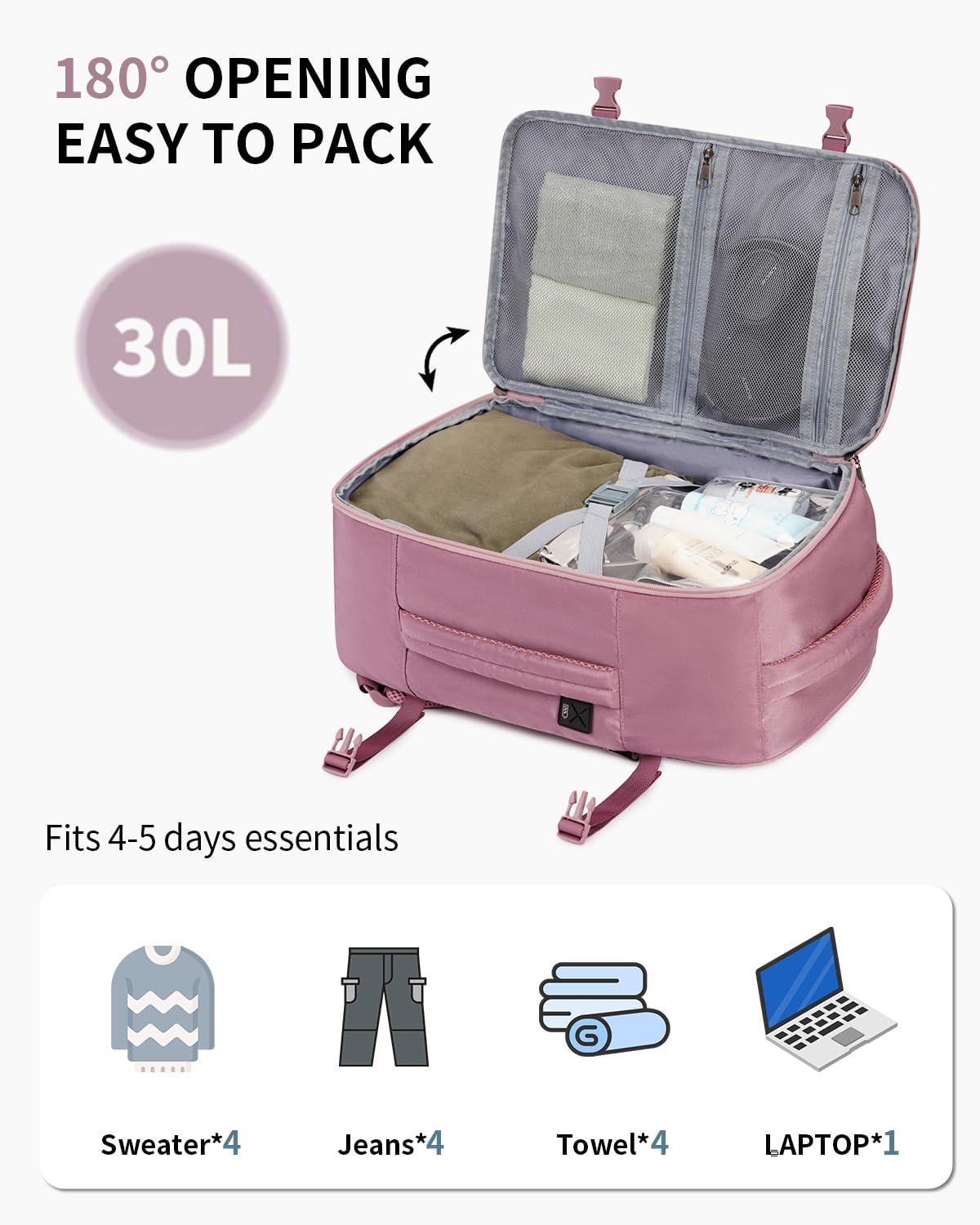 ECOHUB Travel Backpack for Women, Carry on Backpack with USB Charging Hole, Spirit Airlines Personal Item Bag Flight Approved, 15.6 Inch Laptop Backpack with Anti Theft Pockets, 30L, Pink