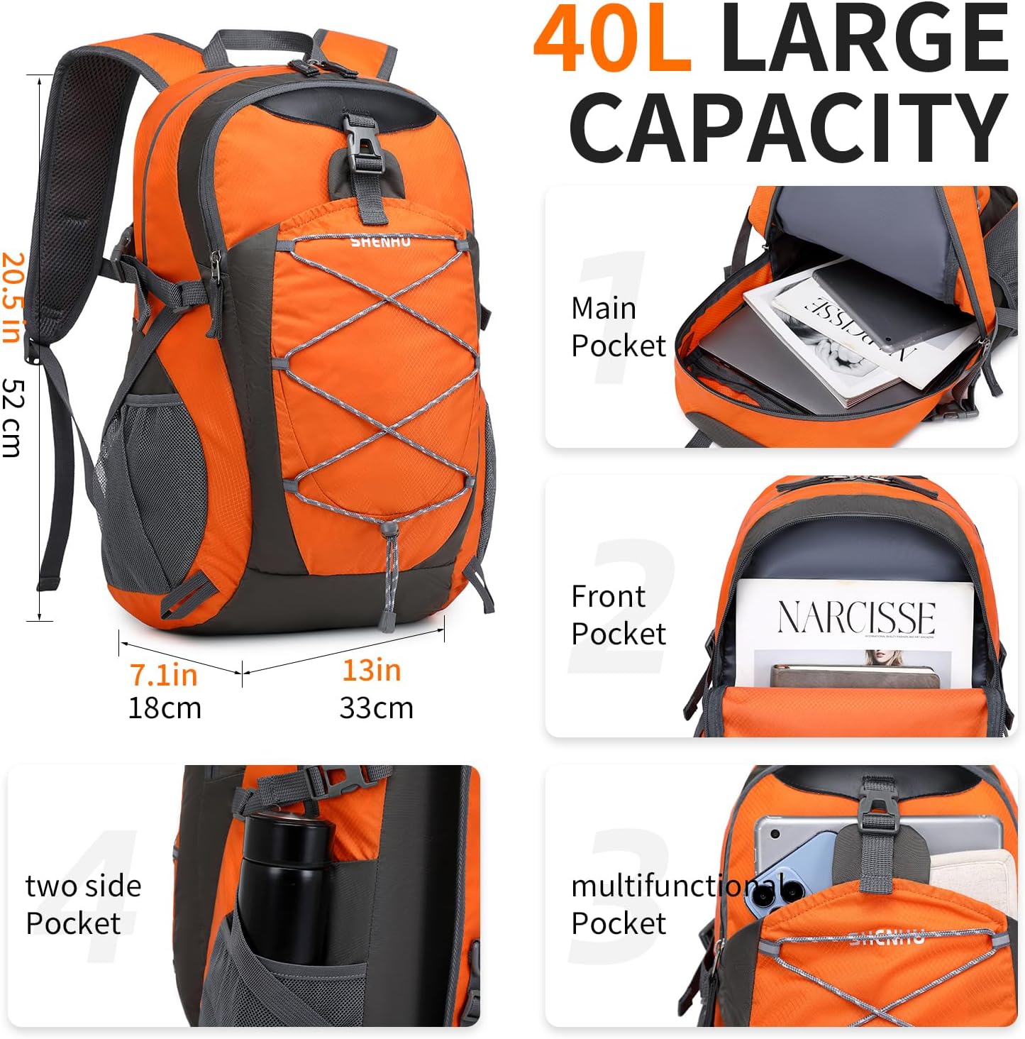 40L Hiking Backpack Lightweight Daypack Waterproof Travel Camping Backpack for Men Women Sport Packable