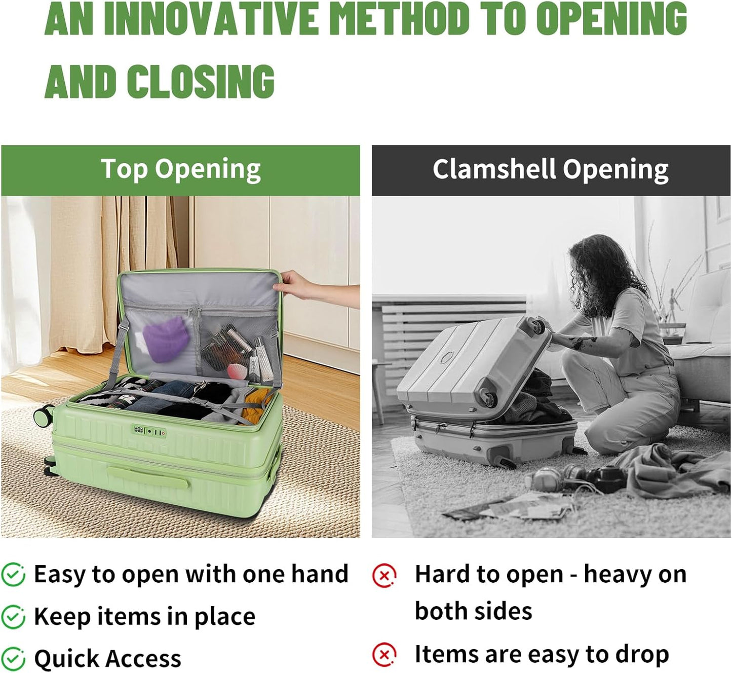 3-Piece 20/24 Top Opening Hardshell Lightweight Luggage and 28-Inch Clamshell Opening Travel Suitcase with Spinner Wheels & TSA Locks, Avocado Green 20in/24in/28in