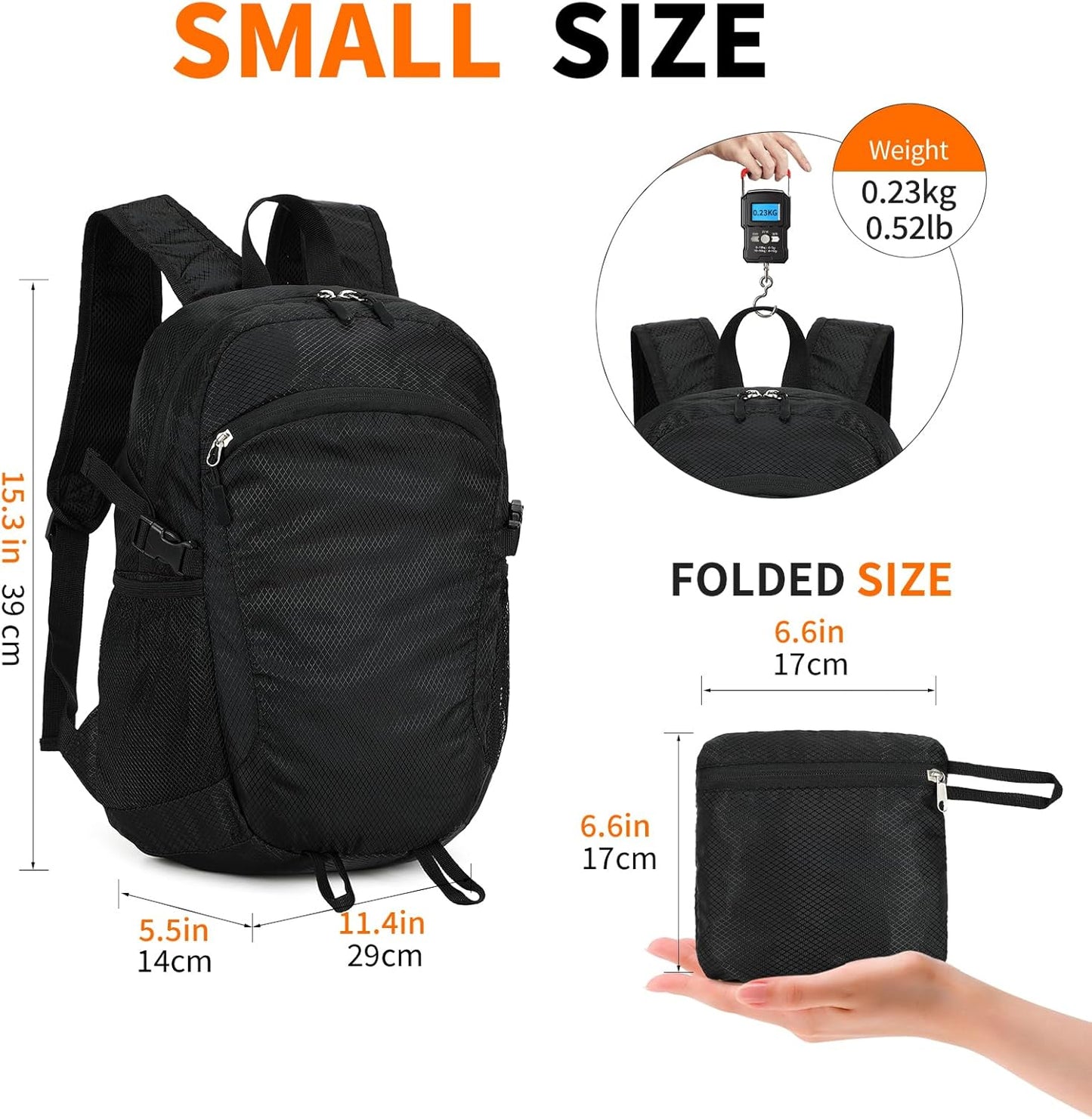 Small Hiking Daypack,15L Water-Resistant Hiking Backpack Packable Lightweight Travel Day Pack for Women Men (Black, Small)