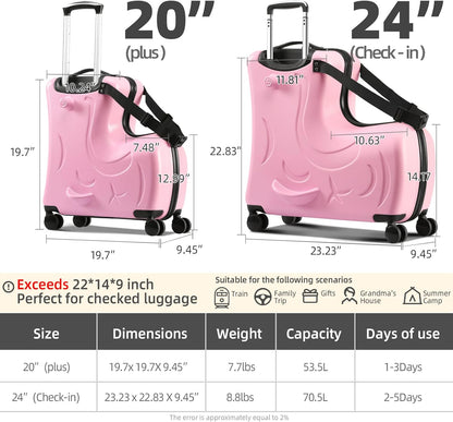 Ride on Hard Shell Kids Luggage with 4 Spinner Wheels for Girls and Boys, Rolling Childrens Travel Suitcase with Seat and Safety Belt for Toddler Ages 6-12, Checked size 25 Inch, Pink