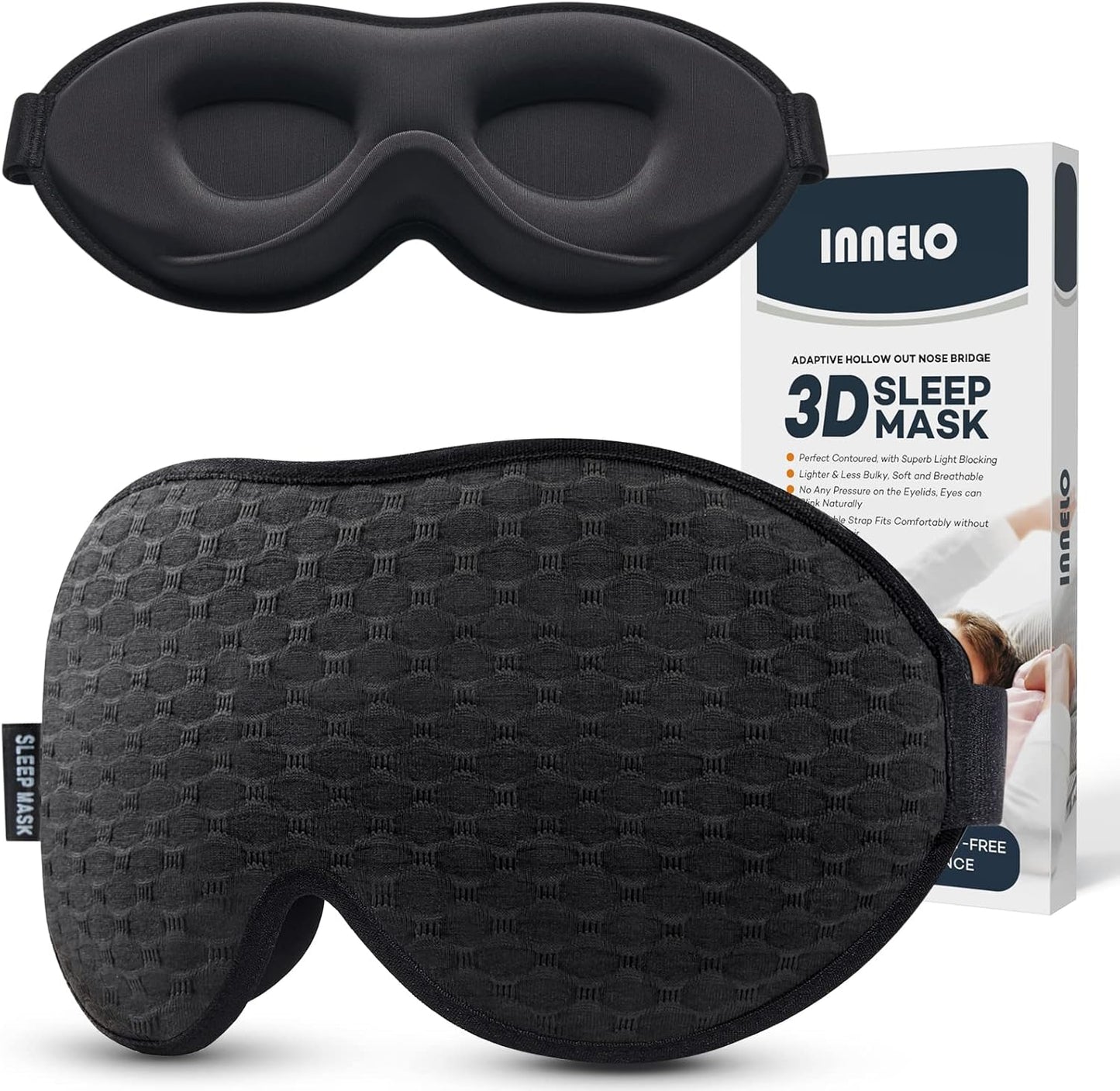 INNELO 3D Contoured Sleep Mask for Side Sleepers - 100% Light Blocking Sleeping Mask for Men & Women, Soft and No Pressure on Eyes - Airplane Blindfold, Night Eye Cover for Travel, Nap, Yoga, Black