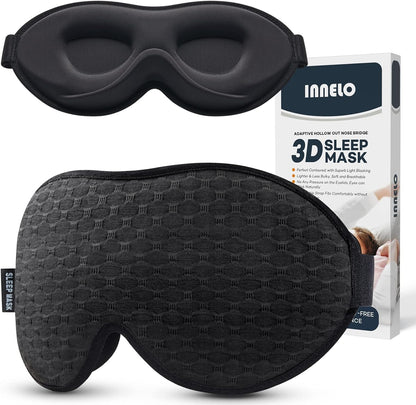 INNELO 3D Contoured Sleep Mask for Side Sleepers - 100% Light Blocking Sleeping Mask for Men & Women, Soft and No Pressure on Eyes - Airplane Blindfold, Night Eye Cover for Travel, Nap, Yoga, Black