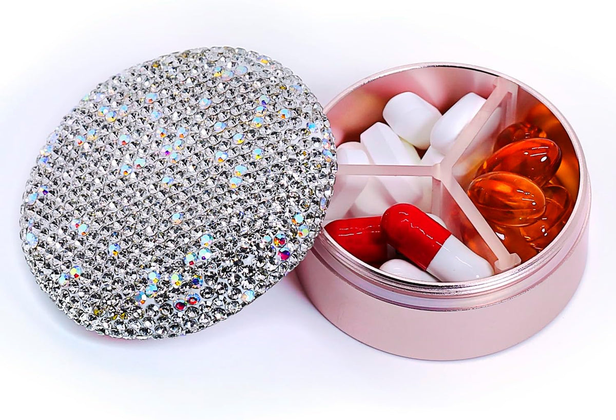 Small Pill Case 3 Compartments, Metal Round Portable Pill Box, Waterproof Travel Pill Organizer, Pocket Purse Medicine Vitamin Holder EDC Container (Rose Gold with Rhinestone)