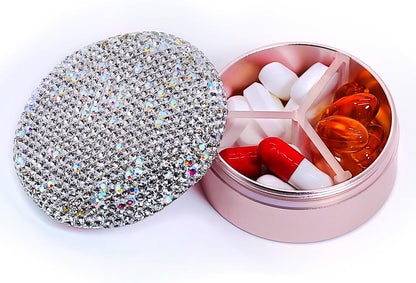 Small Pill Case 3 Compartments, Metal Round Portable Pill Box, Waterproof Travel Pill Organizer, Pocket Purse Medicine Vitamin Holder EDC Container (Rose Gold with Rhinestone)