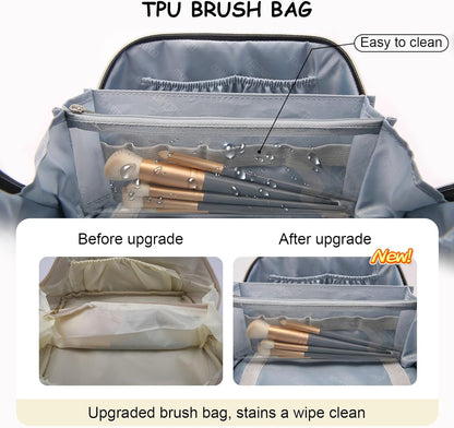 Travel Makeup Bag Organizer Cosmetic Bag: 3 Pcs Set Make up Bags for Women with Handle - Waterproof Vegan Leather Toiletry Bags with Comparments (C-04-Beige)