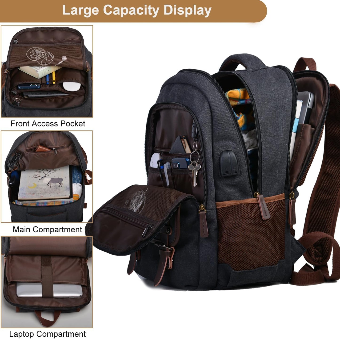 Mactso Canvas Travel Laptop Backpack for Men Women, Business Work Rucksack College School Computer Bag Fits 15.6 Inch Notebook,Bookbag with USB Charging Port (Black, 15.6 Inch)