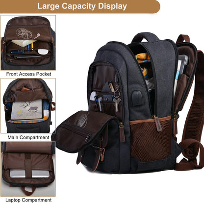 Mactso Canvas Travel Laptop Backpack for Men Women, Business Work Rucksack College School Computer Bag Fits 15.6 Inch Notebook,Bookbag with USB Charging Port (Black, 15.6 Inch)