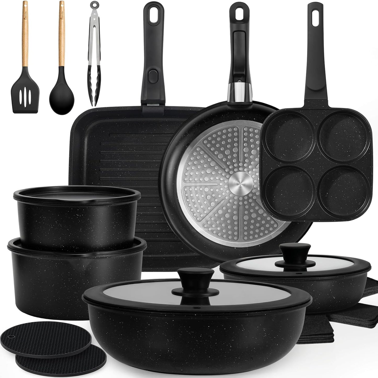 KIKCOIN 24 Pack Pots and Pans Set Non Stick, Detachable Handle Cookware Set, Induction RV Kitchen Cooking Set with Removable Handle, Frying Pans, Egg Pan - Dishwasher/Oven Safe, PFOA Free