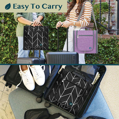 PAVILIA Extra Large Toiletry Bag Travel Bag for Women Men, Hanging Cosmetic Organizer, Water Resistant Makeup Bag for Accessories Toiletries, Travel Essentials Kit (Black Chevron)