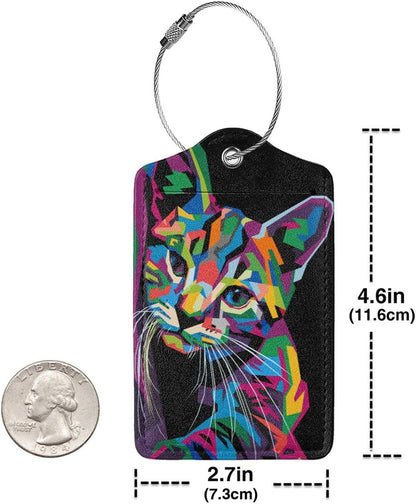 2-Pack Artistic Cat Luggage Tags for Suitcases, Leather Art Style Colorful Animal Baggage Tag with Loop, Funny Cool Name ID Card Cover Travel Bag Labels Set for Women Men Boys Girls Kids