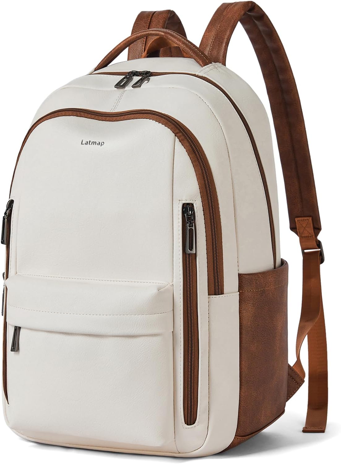 30L Business Laptop Backpack for Women Men, Travel Work Backpack Purse Faux Leather College Bookbag fits 15.6" Laptop - Beige