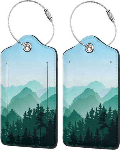 2 Pcs Cute Green Mountain Luggage Tag for Suitcase, Steel Loop with Privacy Cover ID Label, Green Hill Forest Birthday Decoration Themed Travel Gift