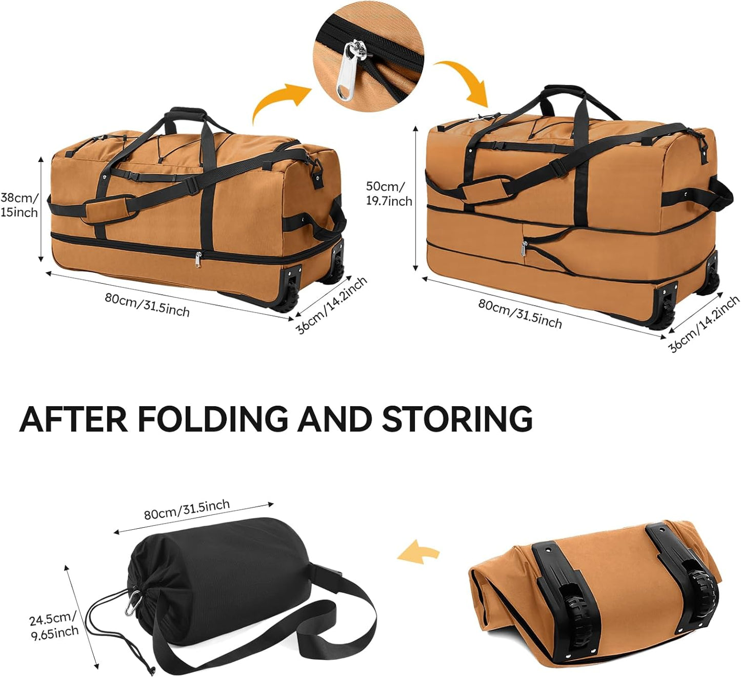 CONTAIL 32" Soft-Sided Rolling Duffle Bag with 2 Wheels,Expandable from 110L to 140L, Foldable Travel Duffel with Multiple Compartments,Brown