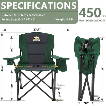 Oversized Camping Chairs 2 Pack - 450lbs Support Heavy Duty Folding Camp Chair Wide Portable Outside Collapsible Chairs with Carry Bag,Cooler,Cup Holder for Outdoor,Lawn,Sports,Baseball,Soccer-Green
