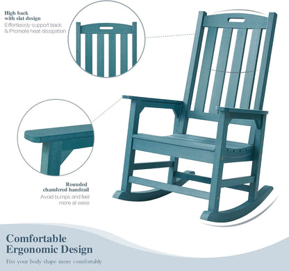 Psilvam Oversized Outdoor Rocking Chair Set of 2, Porch Rocker with 21" Wide Seat and 32" Tall Backrest, Pre-Assembled with Most Components for Effortless Installation (Blue)