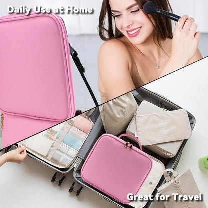 Travel Makeup Bag with LED Mirror and 10x magnifying glass with 3 Lighted Settings, Adjustable Dividers and Makeup Brush Storage Bag Dark Pink