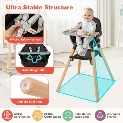 HONEY JOY Baby High Chair, 6 In 1 Convertible Wooden Highchair for Babies and Toddlers/Toddler Chair/Bar Stool, Removable Double Tray & Reversible Footrest, Safety Harness for Infant Boys Girls(Black)