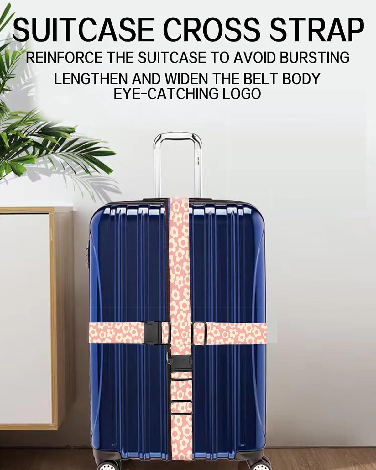 Luggage Straps for Suitcases, Adjustable Travel Belt, Durable Wide Luggage Strap, Cute Suitcase Strap Identifiers with Buckle, Bag Straps for Luggage, Pink Cute Flowers