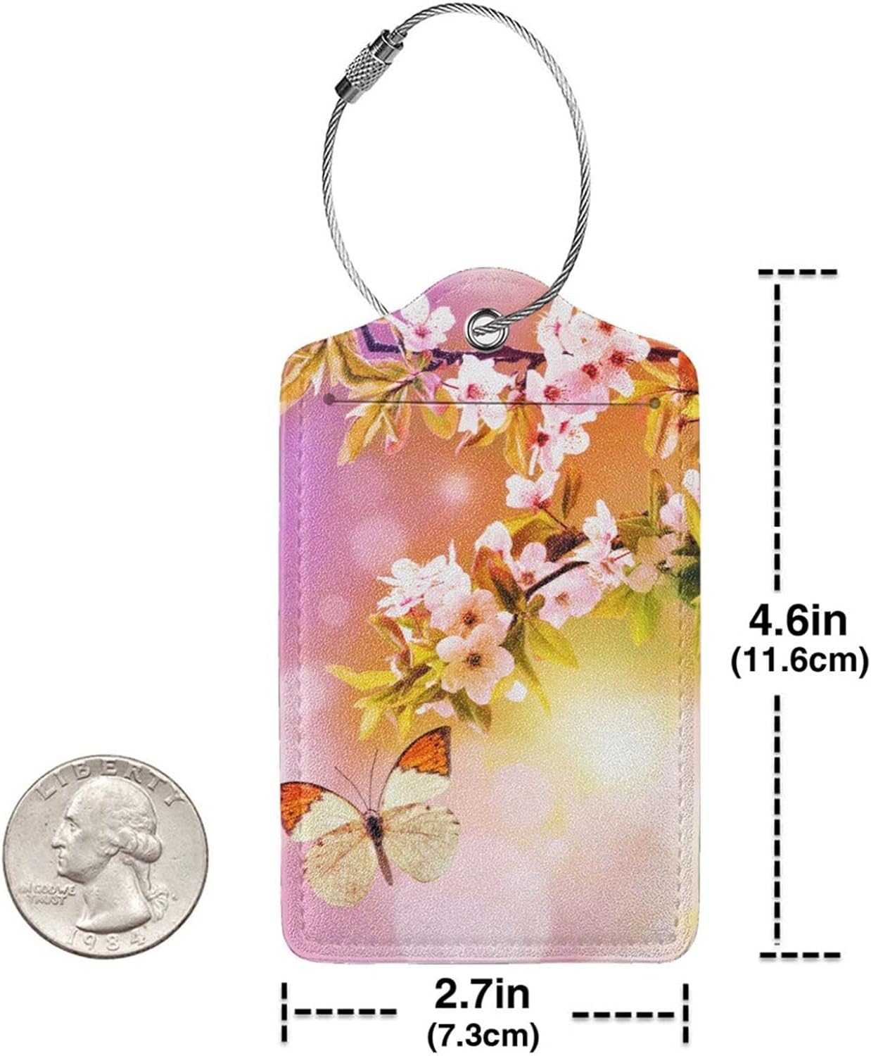 2 Packs Beautiful Spring Flowers PU Leather Luggage Tags Butterfly Suitcase Labels Bag Tags Cute Name ID Labels with Privacy Cover for Women Teen Girls Pink Yellow Background