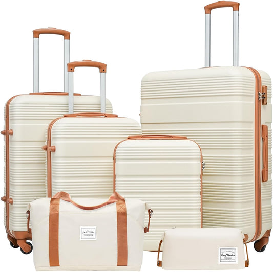LONG VACATION 6 Piece ABS+PC Hardshell Luggage Set with Spinner Wheels, Lightweight suitcase set with TSA Lock & YKK Zipper