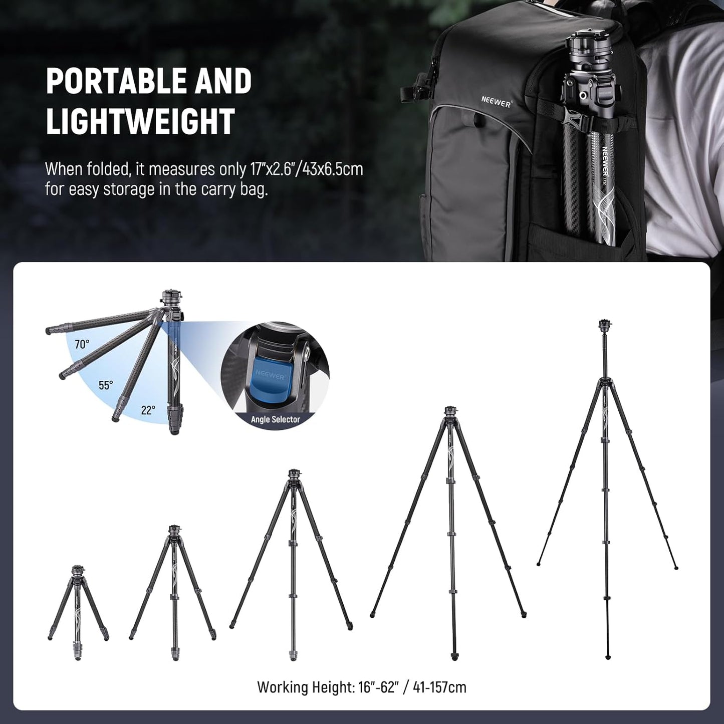 NEEWER LITETRIP LT32 62" Travel Tripod Carbon Fiber with ±15° Leveling 360° Panorama Head, Detachable Center Axis, Fast Flip Buckle, Arca QR Plate Compatible with Peak Design Capture V3, (Former TP62)