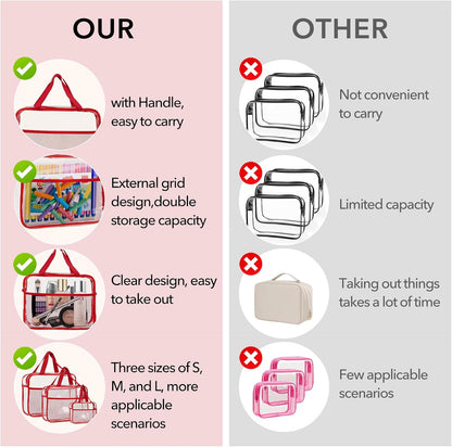 XEWEA Clear Travel Toiletry Bags, 3 Pack TSA Approved Transparent Makeup Bag for Men Women, Large Waterproof PVC Quart Organizer Kit with Zipper for Toiletries Airline Essential,Toy Storage Pouch Red