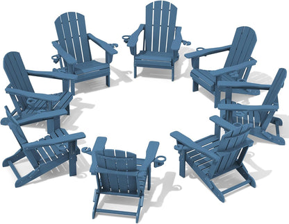 SERWALL Folding Adirondack Chair, HDPE Adirondack Chairs Set of 8, Plastic Outdoor Chairs- Looks Exactly Like Real Wood- Navy