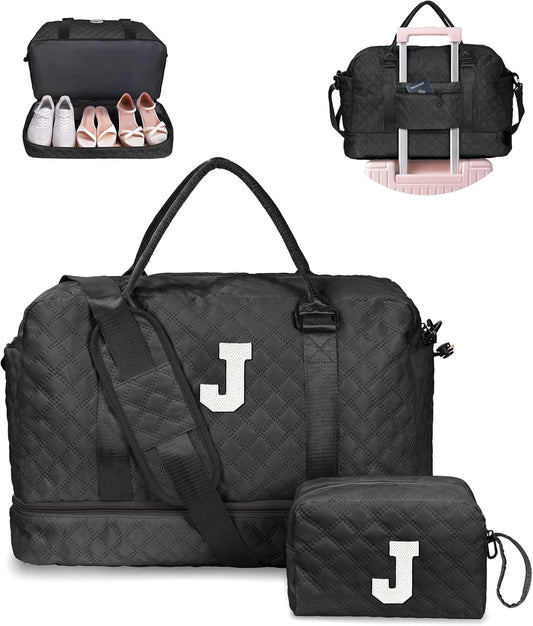 Initial Duffle Bag with Shoe Compartment, Personalized Weekender Bag, Monogram Overnight Bag for Women with Trolley Sleeve & Wet Pocket, Letter Travel Bag with Makeup Bag (Letter J), Black