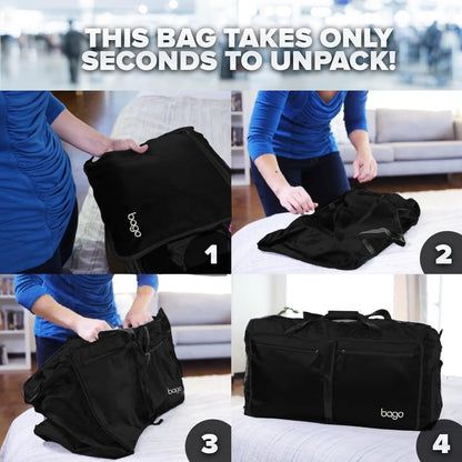 Bago Foldable Duffel Bags for Traveling Women & Men - 60L Medium Packable Duffle Bag for Travel with Shoe Compartment - Water Repellant, Heavy Duty, Lightweight Folding & Collapsible (All Black)