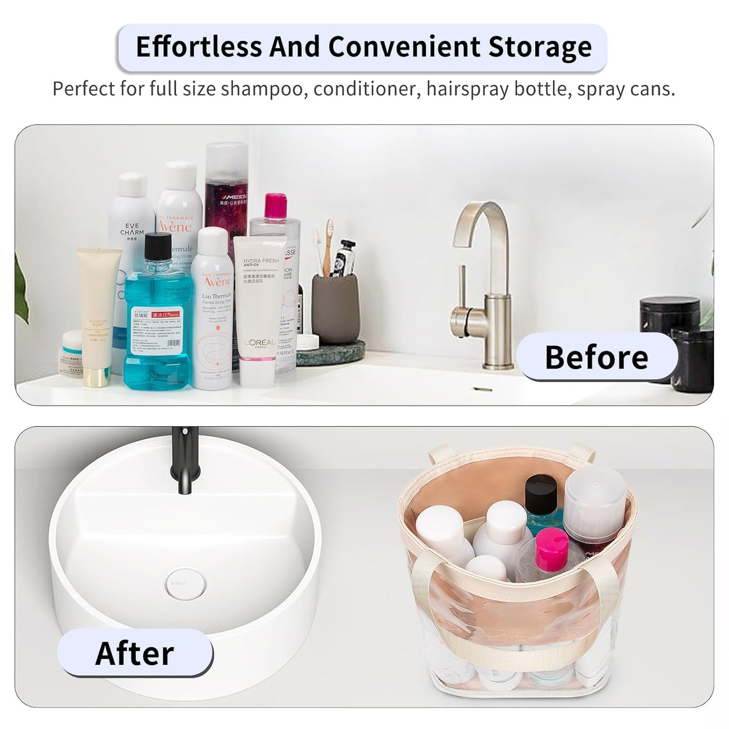 Travel Toiletry Bag, Clear Makeup Bag for Women, TSA Approved Toiletry Bag, Waterproof Clear Bag Cosmetic Pouch, Transparent Makeup Organizer, Carry on Airport Airline Compliant, Beige