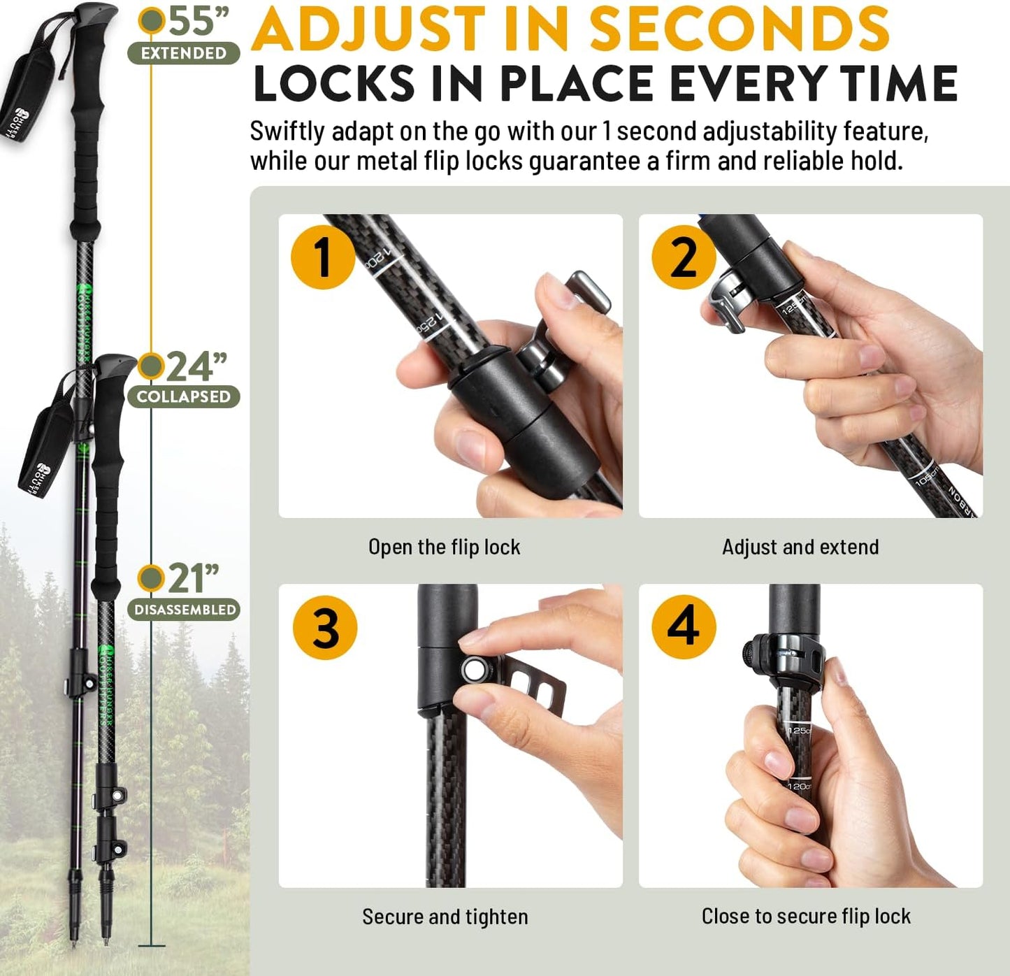 100% Carbon Fiber Trekking Poles by USA Brand - Ultra Strong Lightweight Collapsible Hiking Poles with Cork and EVA Foam Grips & Quick Adjustable Flip Locks