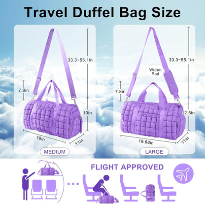 Quilted Travel Duffle Bag Gym Bag for Women,Large Puffer Duffle Weekender Bag with Compartment,Workout Overnight Carry on Organizer Bag Duffle Bag for Airplane Travel(L-Purple)
