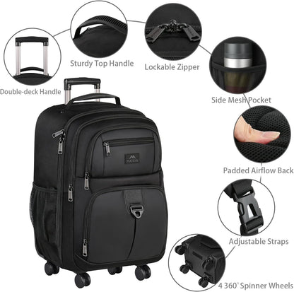 MATEIN Rolling Backpack with 4 Wheels, 17 inch Roller Travel Laptop Backpack for Women Men, Large Water Resistant Business Wheeled Bag, Airline Approved Carry on Luggage Suitcase Bag, Black