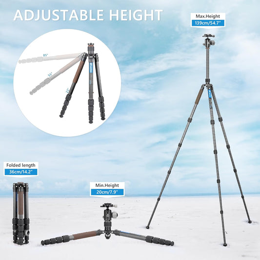 Carbon Fiber Lightweight Travel Tripod with 360° Ball Head, Reverse Folding, Removable Center Column, Folded Height 36cm, Maximum Load 8KG