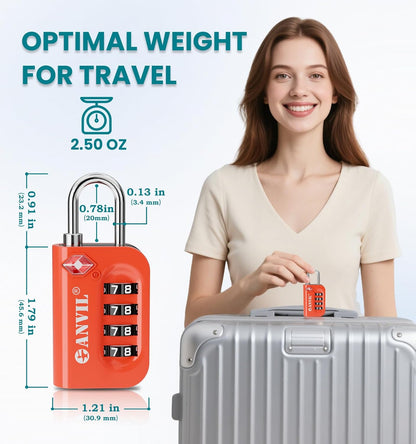 ANVIL TSA Approved Luggage Lock - 4 Digit Combination, 10,000 Combinations, Easy-Read Password Window, Travel Lock for Suitcases, Backpacks, Gym & Student Lockers, Baggage