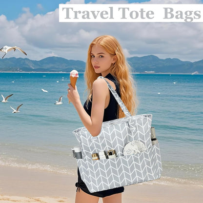 LEDAOU Beach Bag Waterproof Sandproof Women Tote Bag Pool Bag with Zipper for Gym Grocery Travel with Wet Pocket