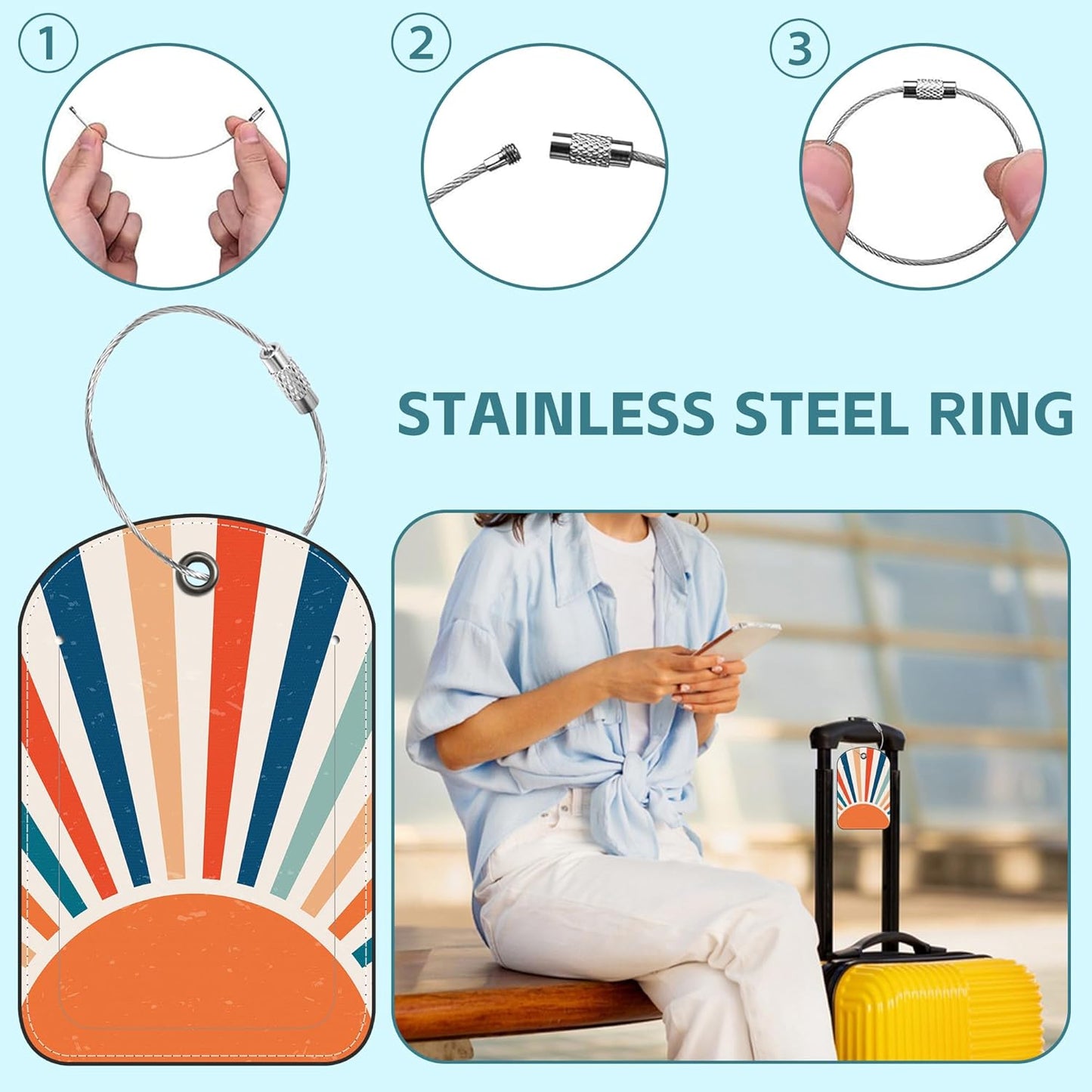 Orange Sun Print Boho Luggage Tag for Suitcase Set of 2 PU Leather Cute Luggage Tags with Stainless Metal Loop ID Label Privacy Flap Suitcase Tags for Women and Men Travel