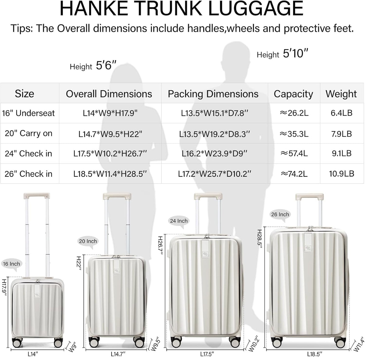 Hanke 24 Inch Checked Luggage PC Hard Case Luggage Top Opening Aluminum Frame Travel Luggage Suitcases with Wheels for Woman Men.(Ivory white)