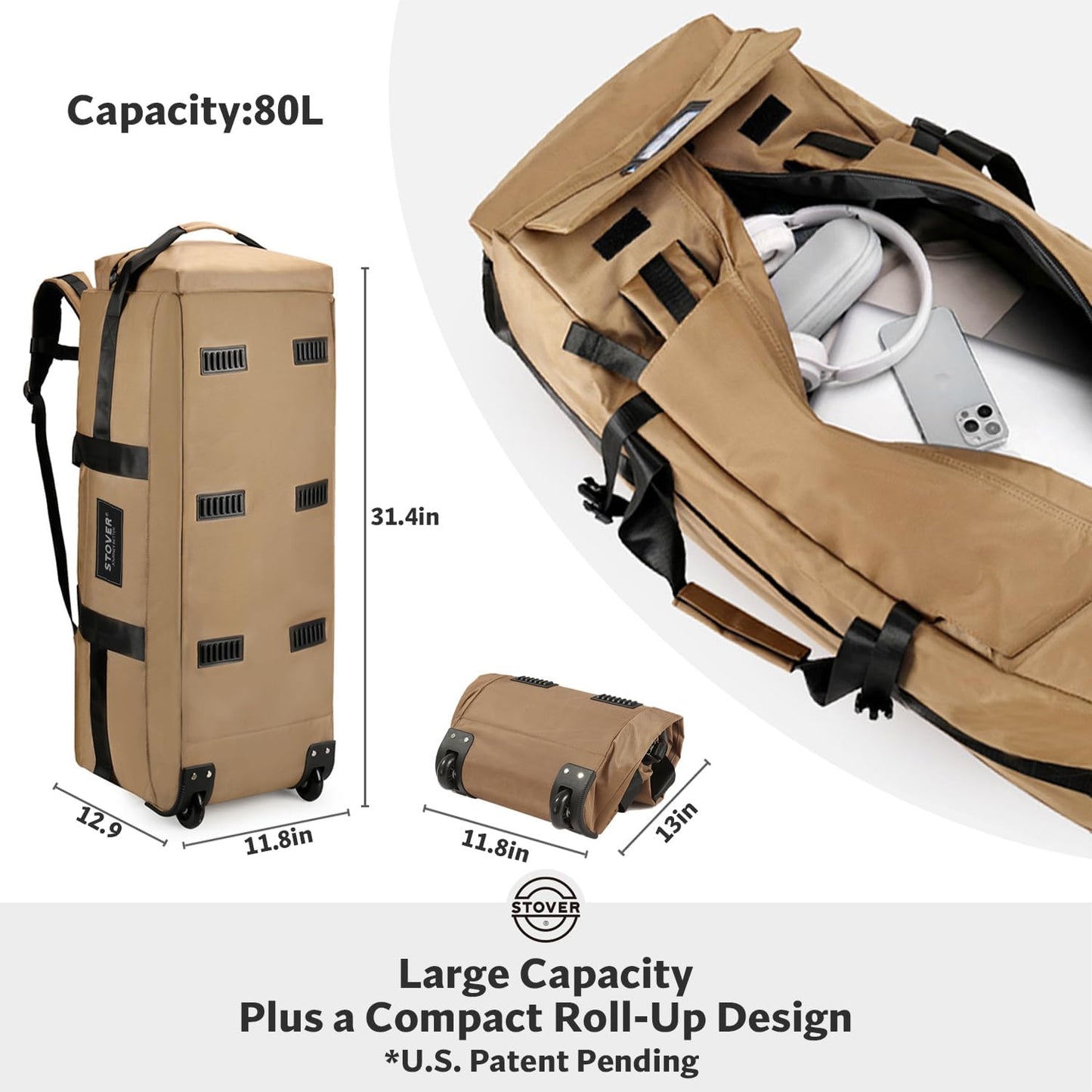 STOVER 80L Rolling Duffel Bag with Wheels, Large 31 Inch Durable Travel Duffle Bag + Toiletry Bag, Heavy Duty, Packable, Foldable w/Shoulder Straps- Use as Luggage or Backpack, Men/Women (Tan)