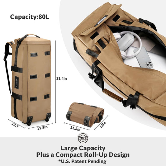 STOVER 80L Rolling Duffel Bag with Wheels, Large 31 Inch Durable Travel Duffle Bag + Toiletry Bag, Heavy Duty, Packable, Foldable w/Shoulder Straps- Use as Luggage or Backpack, Men/Women (Tan)