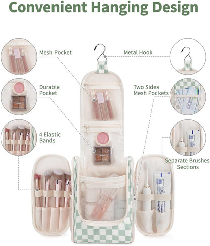 Narwey Small Checkered Hanging Travel Toiletry Bag for Women, Travel Bag for Toiletries, Makeup Bag Organizer Cosmetic Bags Make Up Bags for Women (Mint Green Checkerboard)