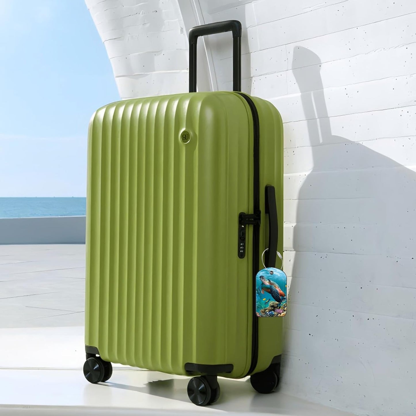 Hawaiian Sea Turtle Luggage Tag for Suitcase Set of 2 PU Leather Cute Luggage Tags with Stainless Metal Loop ID Label Privacy Flap Suitcase Tags for Women and Men Travel