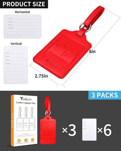 Teskyer Luggage Tags, 3 Pack Premium PU Leather Luggage Tags for Suitcases, Privacy Protection Travel Bag Tags, Red