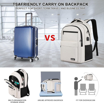 School Backpack for Teen Girls, Laptop Backpack 15.6 Inch with USB Charging Port, Sturdy Beige College Bookbag