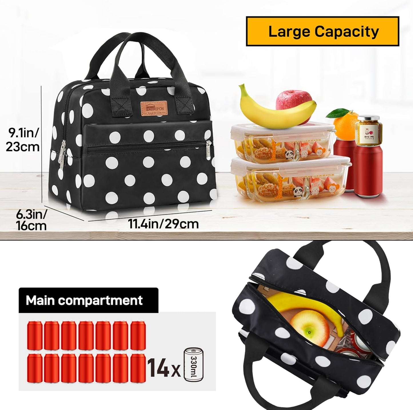 HOMESPON Insulated Lunch Bag for Women Men Lunch Box Cooler Lunch Tote for Work Picnic (Polka Dots)