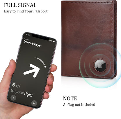 Polare Luxury RFID Blocking Leather Passport Holder Travel Wallet For Men and Women (Coffee with AirTag Slot)